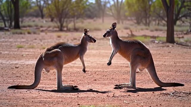 Two kangaroos facing each other in the Australian outback, possibly fighting or playing
