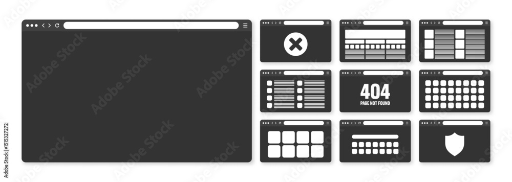 Fototapete Web browser window, pages layout with toolbar and search field. Modern website, internet page in flat style. Browser mockup for computer, tablet and smartphone. Adaptive UI. Vector illustration