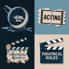 Naklejka premium vector icons for cinema, Director's Chair , theatrical roles, video tape, cinema shattered spotlight, Theater Ticket 