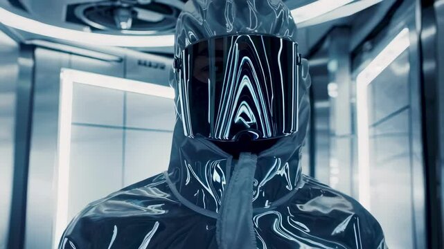 Futuristic armored figure inside modern technological environment science fiction cyberpunk realism robotic presence innovation future society