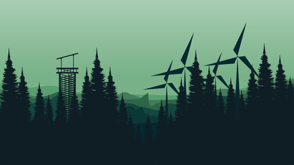 vector illustration of an abstract background with trees and windmill good for for wallpaper design, design template, background template, and tourism design template