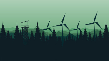 vector illustration of an abstract background with trees and windmill good for for wallpaper design, design template, background template, and tourism design template