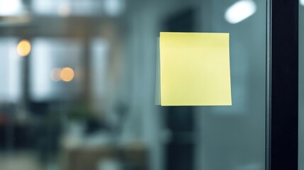 A bright yellow sticky note is affixed to the top edge of a clear glass surface, enhancing the atmosphere of a busy office space filled with soft lighting and workspace elements