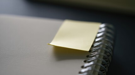 A sticky note is gently affixed to the top edge of a spiral-bound notebook, resting on a minimalist desk. The notebook awaits new ideas and reminders for upcoming tasks