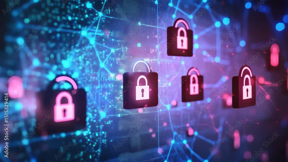 Poster Digital padlocks and a glowing network symbolize cybersecurity and data protection in a connected world.