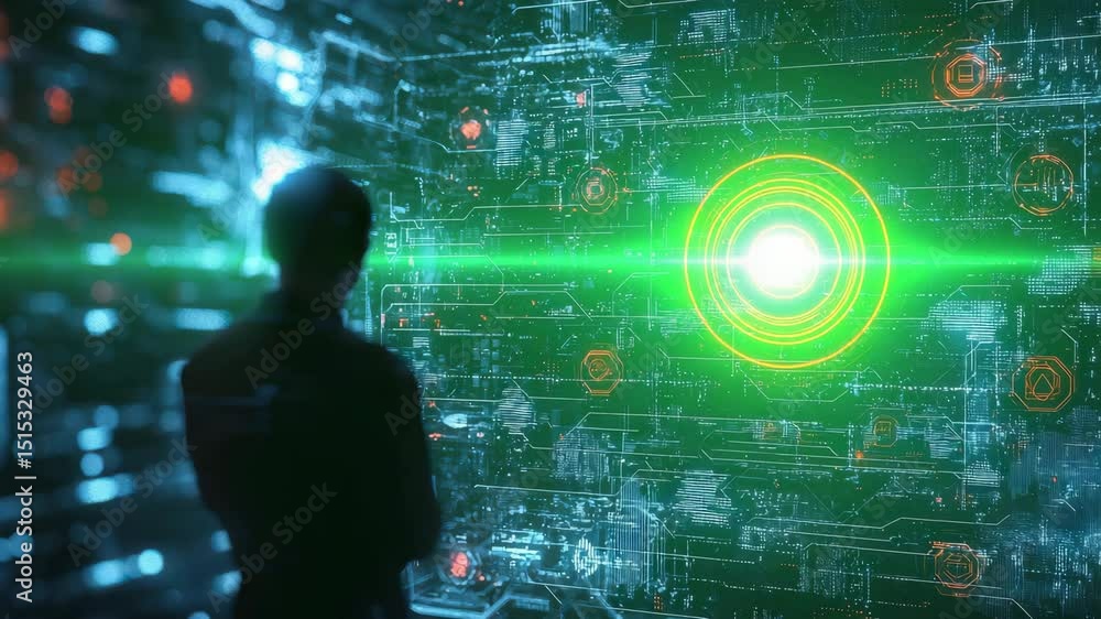 Poster a person stands before a futuristic digital interface filled with glowing data and holographic eleme
