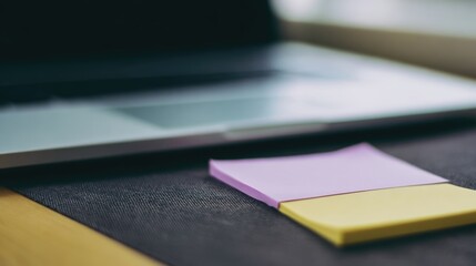 Fototapeta premium Colorful sticky notes in pink and yellow rest near a laptop touchpad on a wooden desk. The workspace reflects a productive environment, inviting creativity and organization