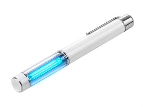 A close up shot of a white and silver uv light pen with a blue light on a black background studio shot