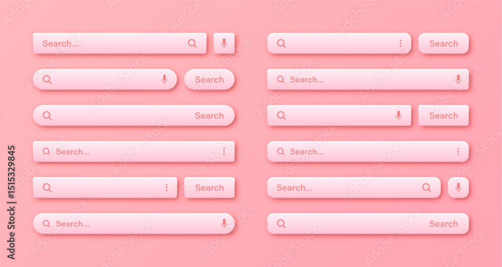Fototapete Colorful 3d search bar templates. Internet browser engine with search box, address bar and text field. UI design, website interface element with web icons and push button. Vector illustration
