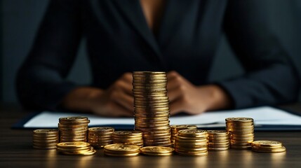 Wealth management concept businesswoman organizing asset portfolio documents and gold coins on a luxury wooden desk macro focus photorealistic finance imagery