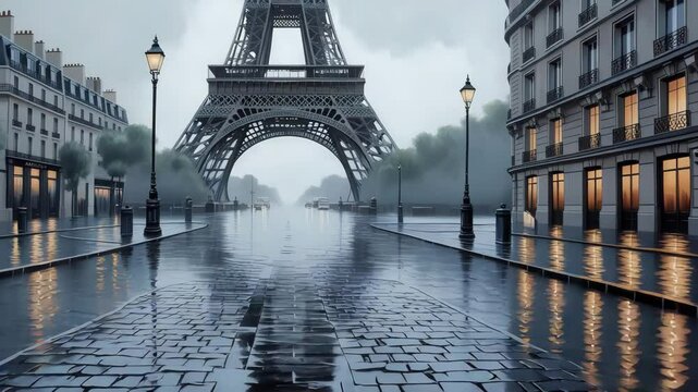 A rainy, empty Paris street with the Eiffel Tower in the background, glistening reflections on wet cobblestones and glowing building windows.