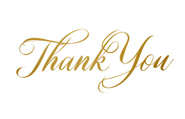 Thank you text in ornate gold script. Elegant and decorative gold calligraphy spelling "Thank You" on a black background