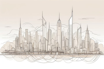 Modern city skyline line art with futuristic skyscrapers and architectural outlines on soft background. For urban planning, real estate, architecture, innovation, smart cities, and business themes