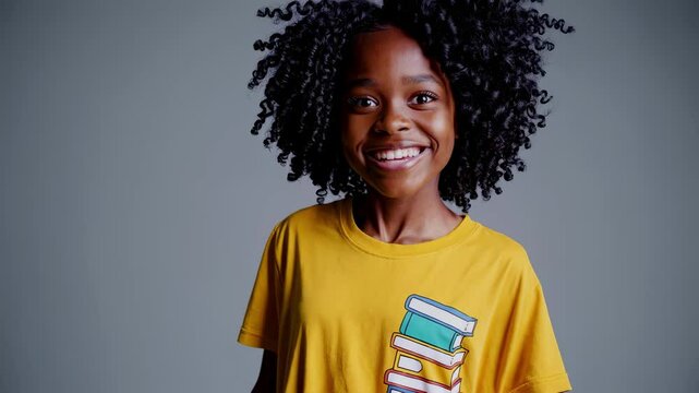 Young individual with curly hair wearing bright yellow shirt and books embodies academic life, education, youth energy, individuality, acceptance, self confidence, knowledge