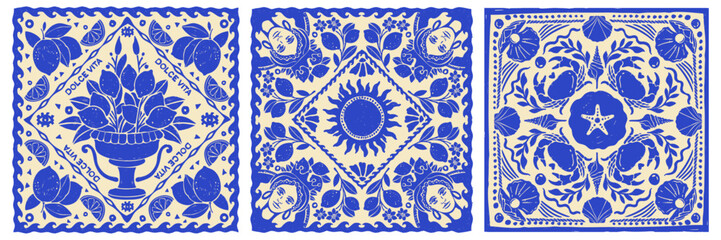 Italy summer bandana print set, Amalfi vector lemon hand drawn square tile, blue mediterranean stamp. Sicilian traditional fashion design, seashell blanket background. Italy textile decoration print
