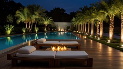 Luxurious poolside patio at night