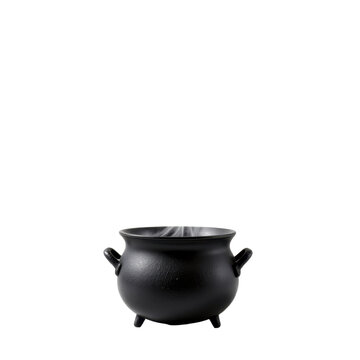 Black cauldron steam isolated three legged round handles mystical magic on transparency background
