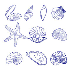 Blue and white vector set of seashells, oysters with pearls, and starfish/ Vector collection of seashells, oyster shells with pearls, and starfish in a blue and white line art and silhouette style. Id