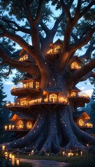 Obraz premium A massive old tree with several tree houses