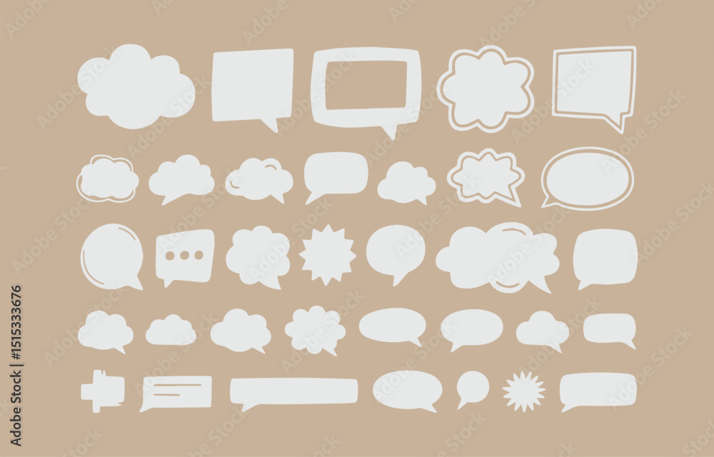 Poster collection of hand drawn speech bubbles and thought bubbles in various shapes on a neutral backgroun