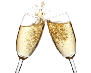 two champagne glasses clinking together in a celebratory toast bubbles isolated on white background PNG