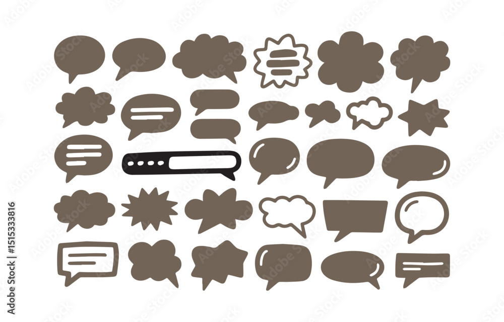 Poster collection of hand drawn speech bubbles and chat icons in various shapes and styles perfect for soci