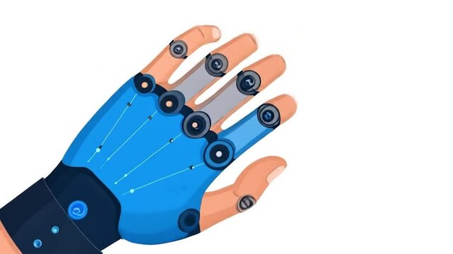 Robotic hand with a blue exoskeleton, showing articulated fingers and wrist mechanics