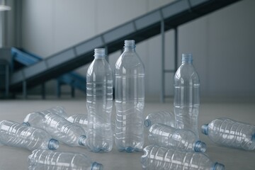 Several clear plastic bottles are scattered and upright in a modern industrial plant, symbolizing recycling and waste management processes.
