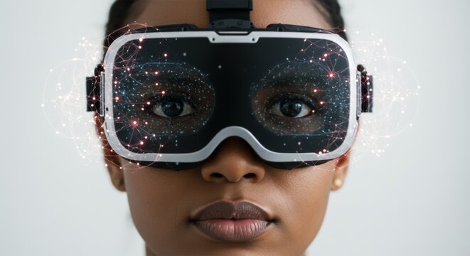 A close up shot of a woman wearing a vr headset with digital graphics overlayed on the headset screen - Powered by Adobe