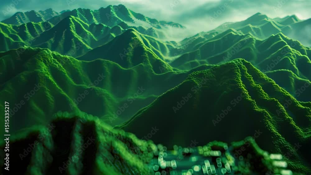Poster surreal landscape green mountains merge with circuit board textures, creating a unique fusion of nat