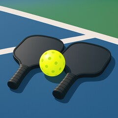 Illustration of pickleball paddle and ball on the court in vector style.
