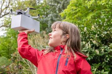 A child explores technology by lifting a drone with an attached load.