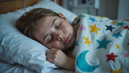 Child peacefully sleeping under colorful quilt with stars and moons in hospital room  