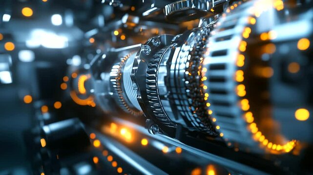 Shiny serpentine belt in motion, winding through polished alternator, tensioners, and drive pulleys in high-performance bus engine