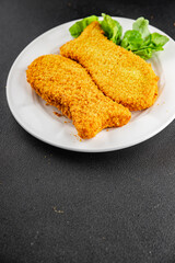Fish sticks fishs shaped breaded fish nuggets fast food fresh delicious gourmet food background on the table rustic food top view copy space