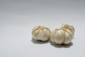 Close up of garlic free copy space isolated white background