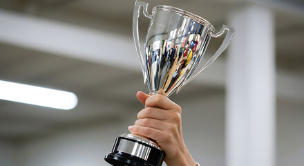 Holding Silver Trophy Cup Symbolizing Victory and Achievement