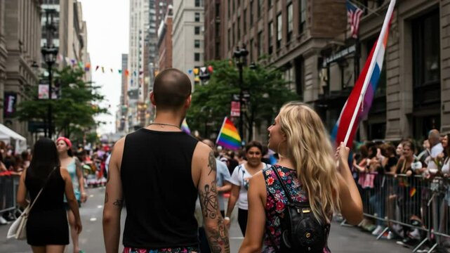Nonbinary couple walking hand-in-hand with flowing pride flag in city street during urban pride celebration