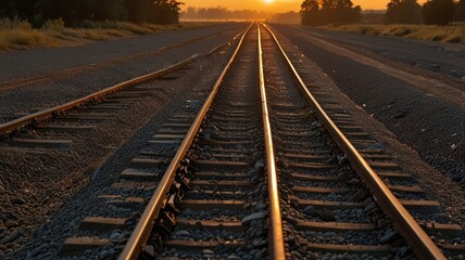 Fototapeta premium Railroad tracks stretching into a golden sunset