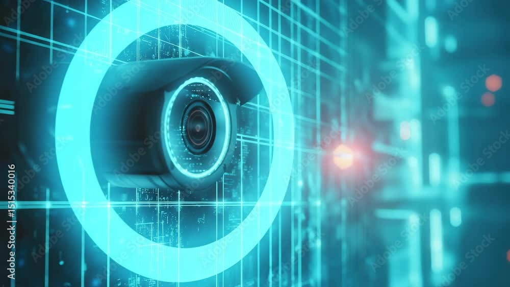 Poster A modern security camera with a digital interface and glowing blue grid background symbolizes advanced surveillance technology.