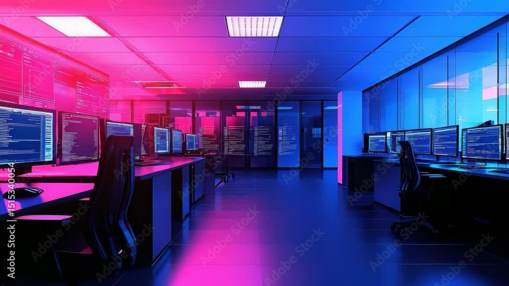 Poster A modern control room with rows of empty desks and multiple computer monitors glowing under vibrant blue and pink lights.