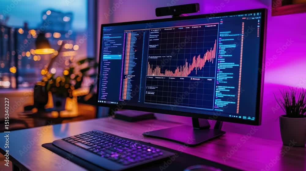 Aufkleber a modern workspace with a large monitor displaying analytics graphs, colorful lighting, and a city v