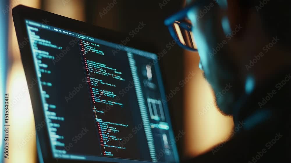 Aufkleber A person wearing glasses closely examines code on a computer screen, suggesting software development or programming work.