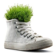 Stylish sneaker planters, trendy high-top shoe filled with vibrant green grass, eco-friendly decor for modern homes.
