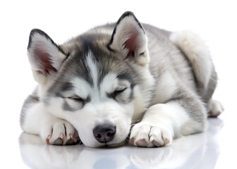 Fototapeta premium Peaceful young husky sleeping isolated on white background , PNg