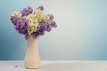 Abstract floral arrangement and banner for screen.Still life with beautiful spring flowers blooming white lilac in vase on elegant background,floral holiday card with summer greeting concept