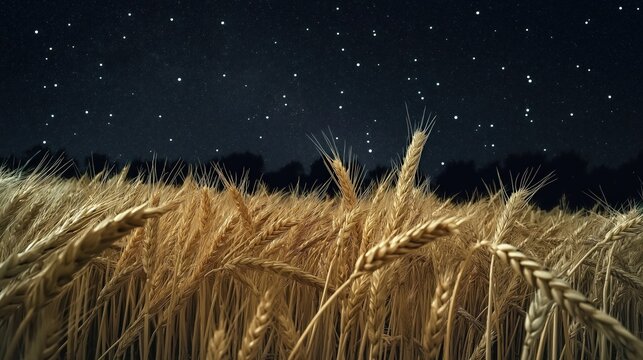 A wheat field under the starry sky, captured in high-definition photography. The scene is illuminated by moonlight and stars, creating an enchanting atmosphere with a dark background.