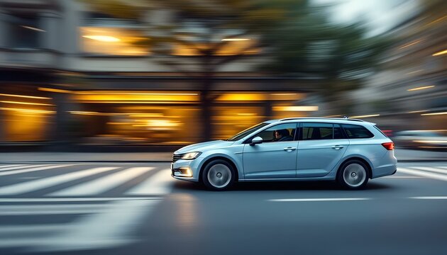 Fototapeta Light Blue Station Wagon Speeding Through City Streets at Dusk