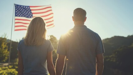 Couple holding hands looking at American flag at sunset, patriotic scene - Powered by Adobe