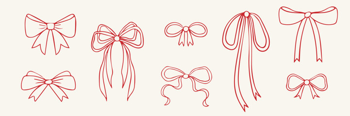 Set of various red line bows, gift ribbons. Bowknots hand drawn, flat style. Fashionable vector illustration. Hair accessories. Bow knots for gift wrapping. Gift bows, Celebration, party